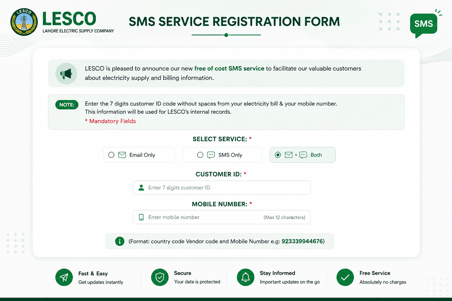 LESCO SMS service registration form